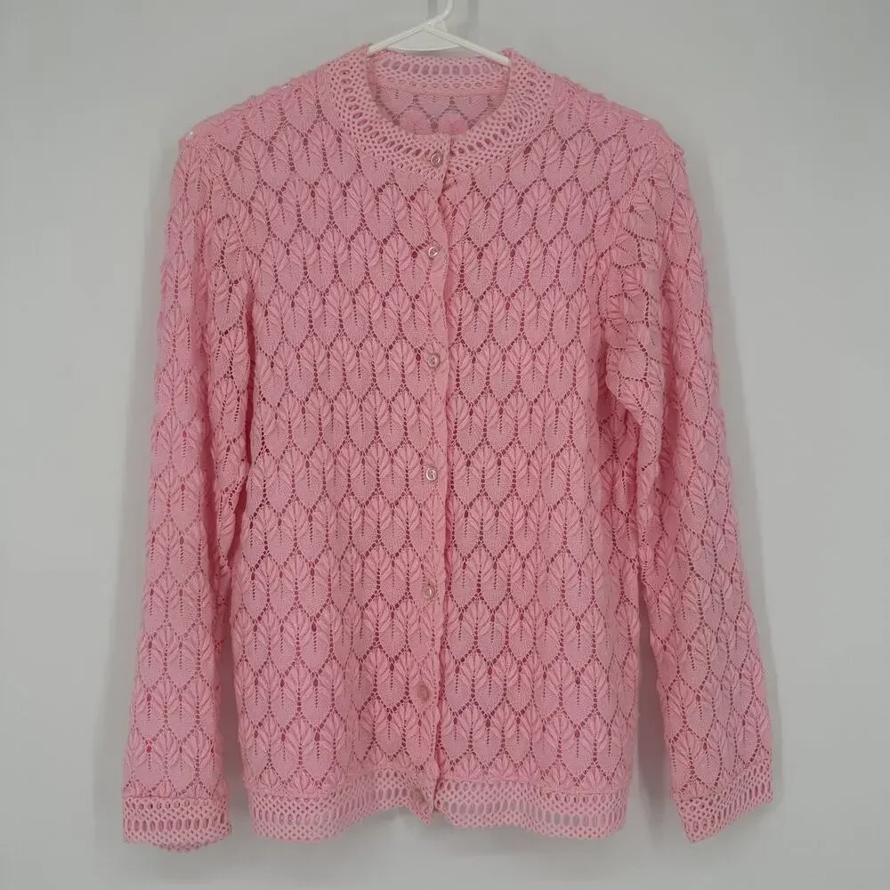 Vintage Knit Cardigan Womens SMALL Lace Crochet Button Up Sweater 90s Retro - Picture 1 of 9